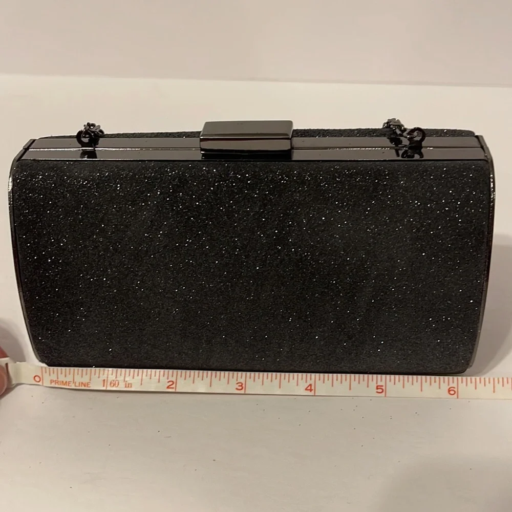 Clutch Purse Black Sparkle with Hideaway Metal Fancy Shoulder Strap. - Picture 6 of 9